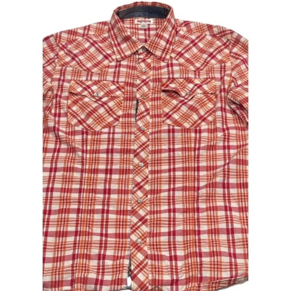 True Religion Mens Orange Red Plaid Western Pearl Snap Shirt XL M3RA315TT